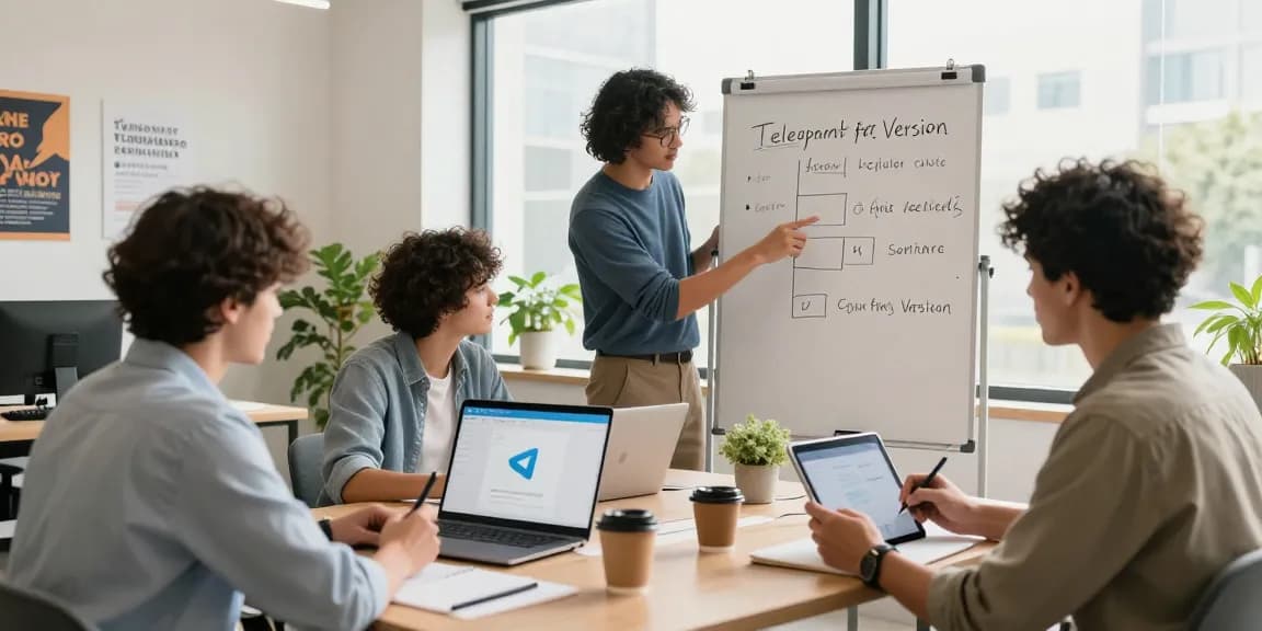 Diverse team collaborating on setting up Telegram Chinese Version in a modern office.