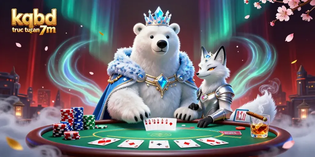 Engaging kqbd truc tuyen 7m scene of a polar bear and snow fox amid dynamic poker action, featuring chips and cards.