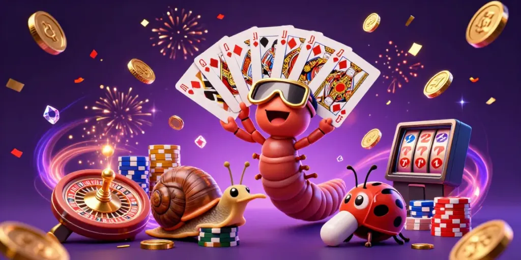 Draagmuur verwijderen met een kleurrijke en dynamische casinocompositie van 3D-personages en speelkaarten.