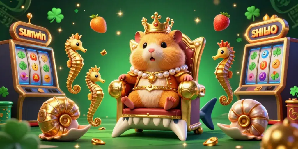 Win big with sunwin's vibrant casino scene featuring a golden hamster king, slot symbols, and treasure galore.