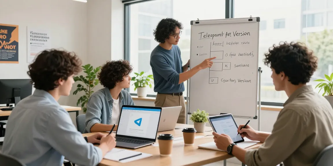 Diverse team collaborating on setting up Telegram Chinese Version in a modern office.