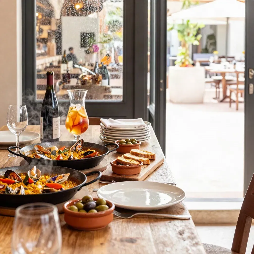 Cinematische tapas in een sfeervol restaurant met paella, sangria en terracotta servies.