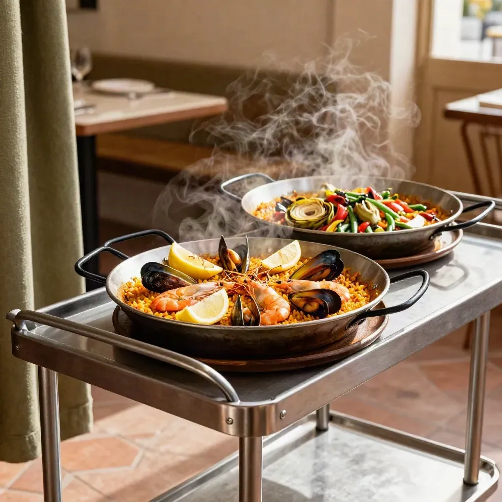 Twee paellapannen op een serveerkar met stoom, citroen en groenten in een warme tapaszaak.