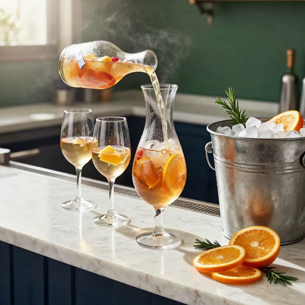 Close-up van gekoelde sangria met ijs, sinaasappel en rozemarijn op een marmeren bar.