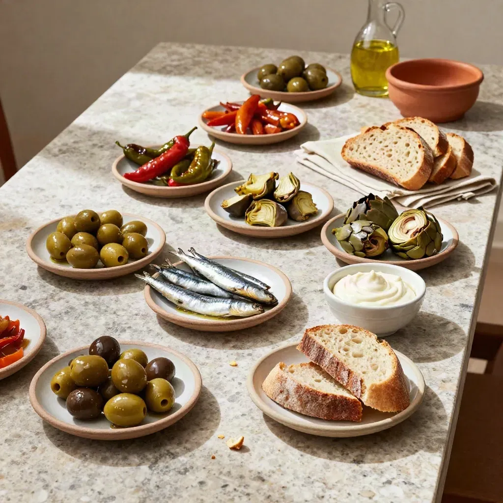 Tapasproeverij op stenen tafel met brood, aioli, olijven en kleine schaaltjes