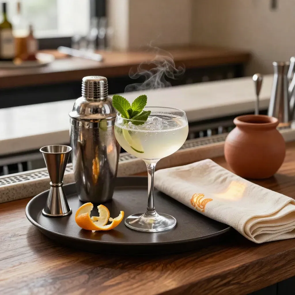 Cocktailstation met spritz, shaker, coupeglazen, limoen en munt op een donkere bar.