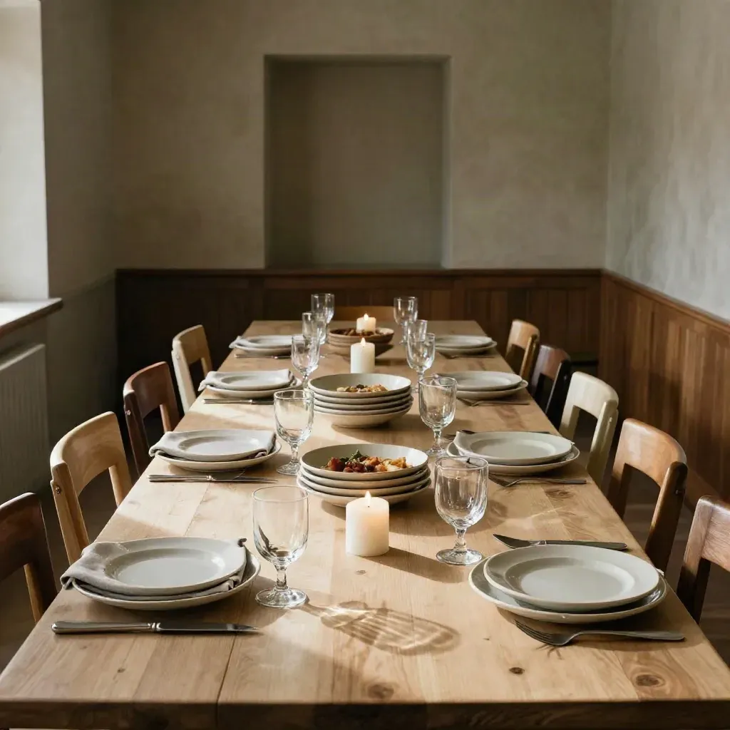 Gedekte communale tafel voor een groepsreservering in een sfeervol restaurantinterieur.