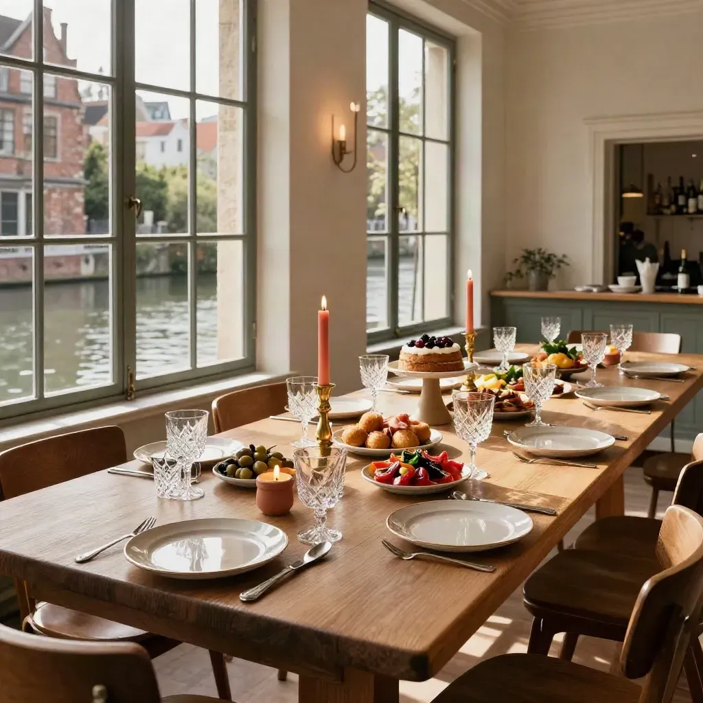 Lange verjaardagstafel met tapas, kaarsen en cake in warm grachtenlicht.