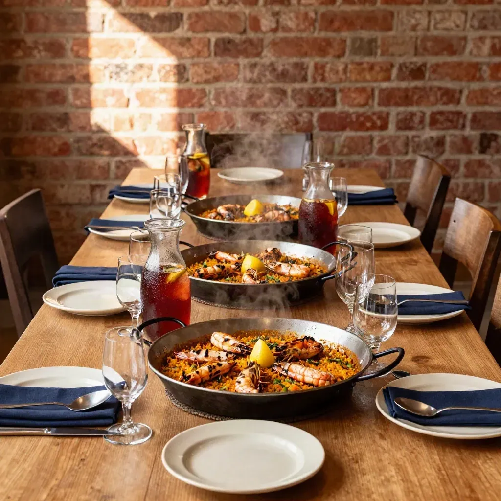 Leidse tapasbanquettafel met paella, sangria en glaswerk in een bakstenen zaal.