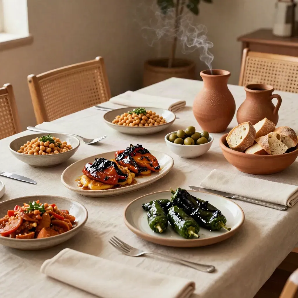 Gezellige tapas tafel met vegetarische kleine gerechten, olijven, brood en twee kannetjes.