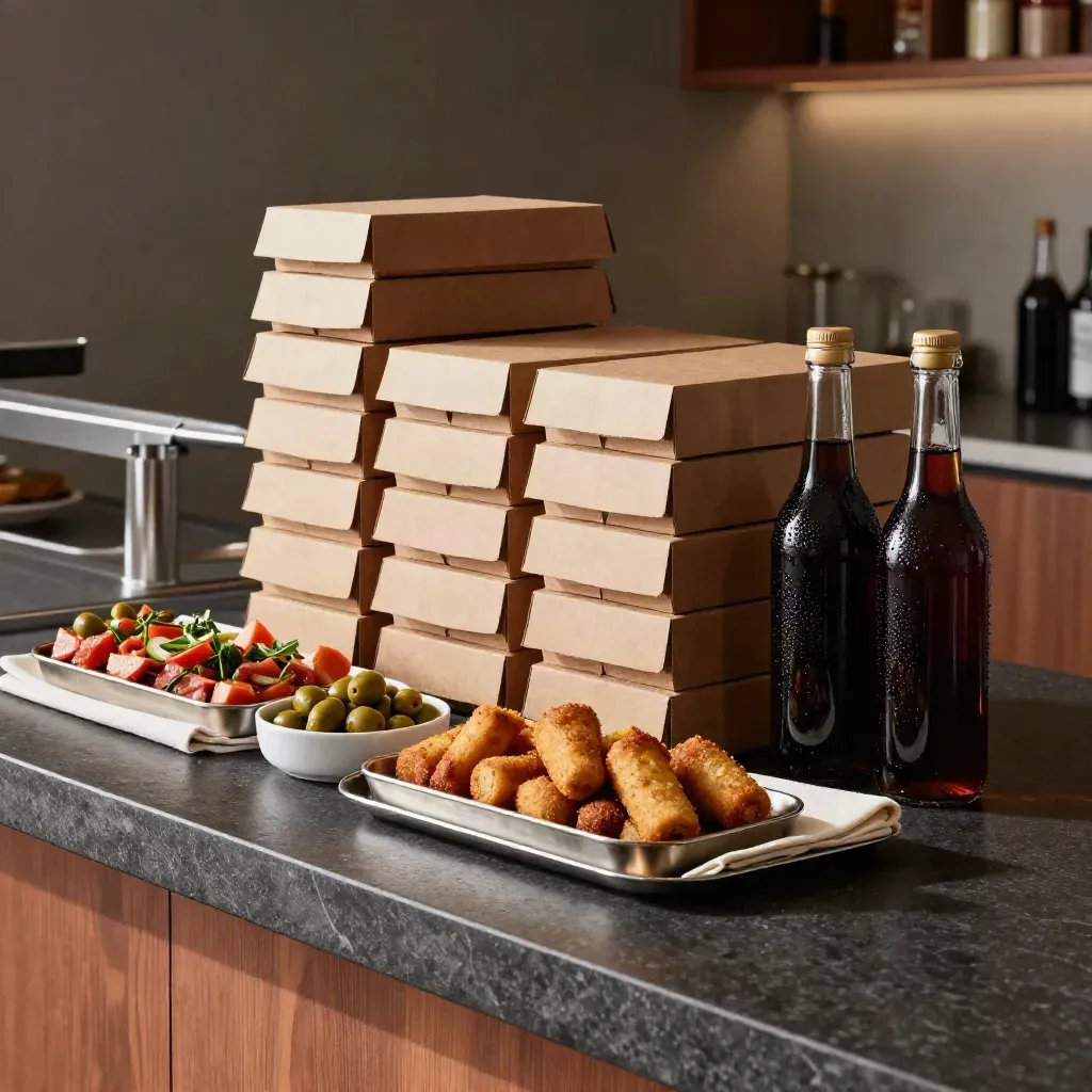 Cateringdozen, tapas en sangriablikken op een strakke pantrybalie in een kantoor