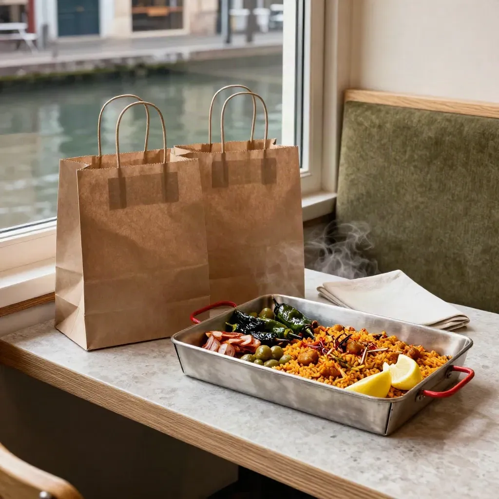 Twee afhaaltassen en tapasdozen met paella naast een raam in avondlicht.