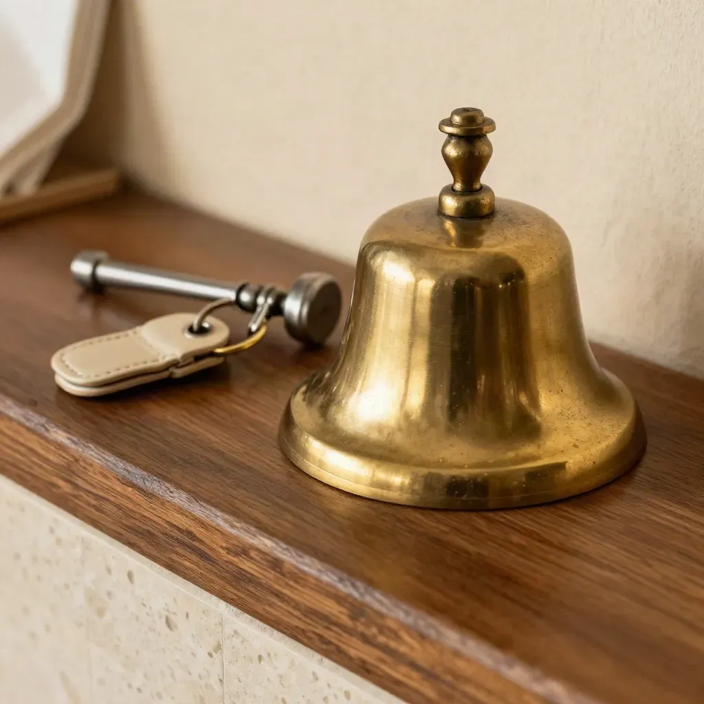 Brass servicebel, kamersleutel en kaarsendover op donker eiken hostbalie in close-up.