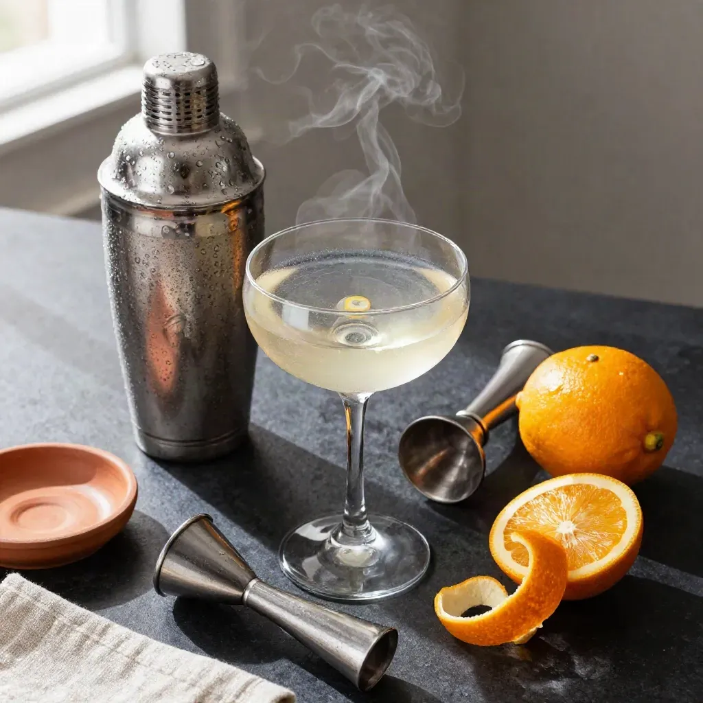 Bovenaanzicht van een cocktailshaker, coupeglas en citrus op een donkere bar.