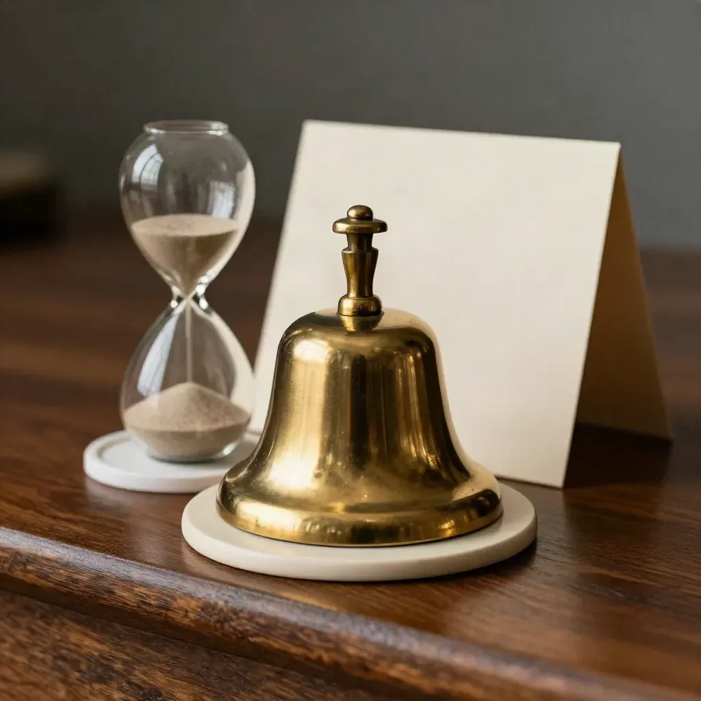 Brass servicebel, zandloper en keramische onderzetter op donker eiken hostplank.