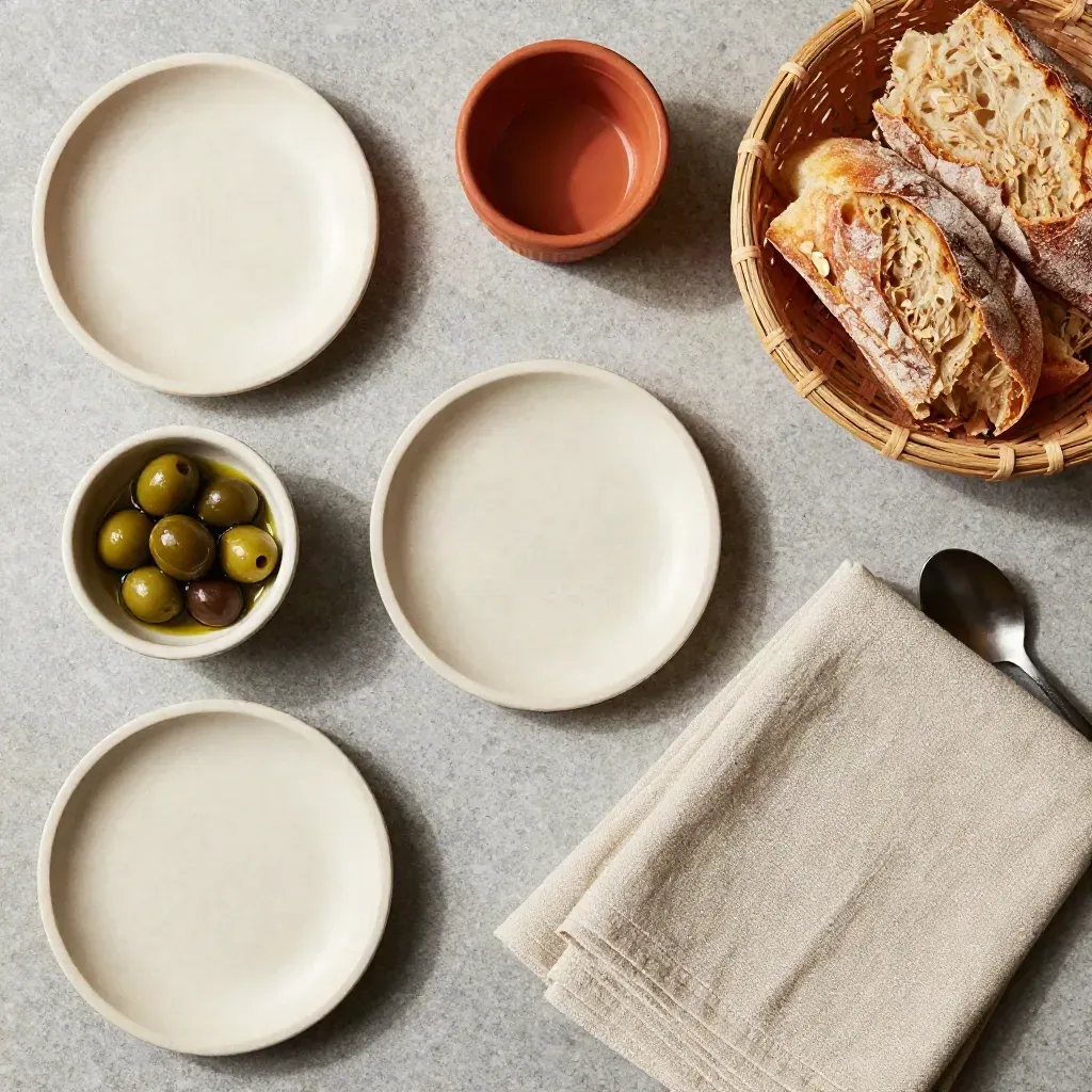 Overhead flatlay met tapasbordjes, olijven, broodmandje en linnen servet op steen.