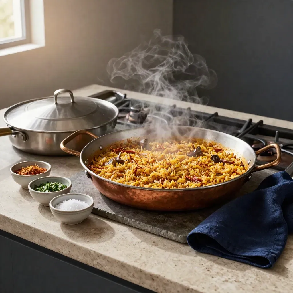 Stijlvolle paella op steen met kruidenbakjes en pannendeksel in zachte lichtval.