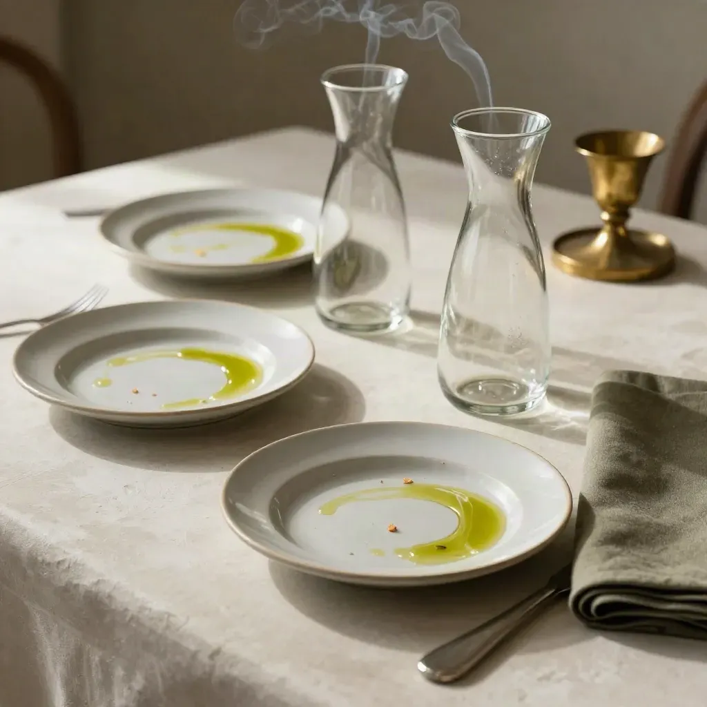 Lege tapasborden, karafes en kandelaars op een lichte tafel na het diner