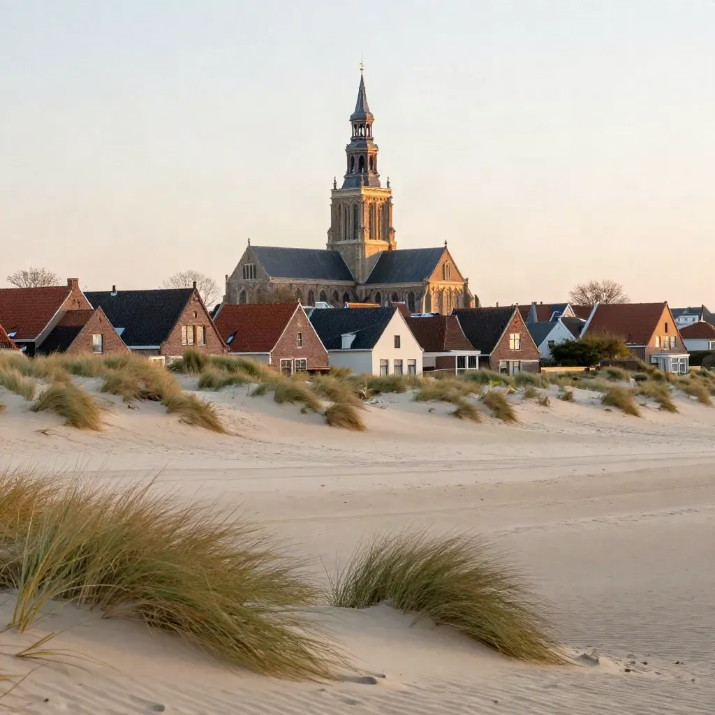 Zonsondergang boven Haarlem met de Grote Kerk boven duinen en rustige kustgrassen.
