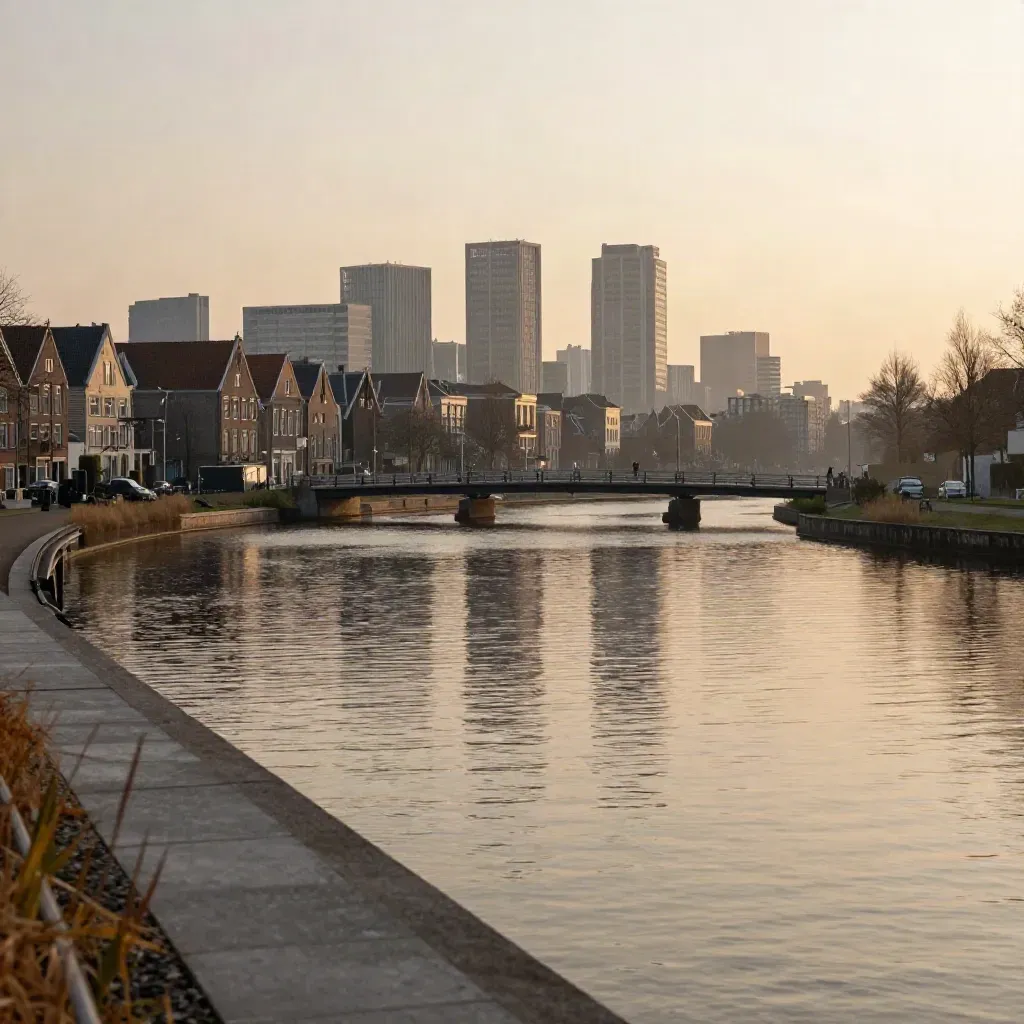 Randstad skyline boven kalm kanaalwater in warme avondmist, met bruggen en zachte gloed.