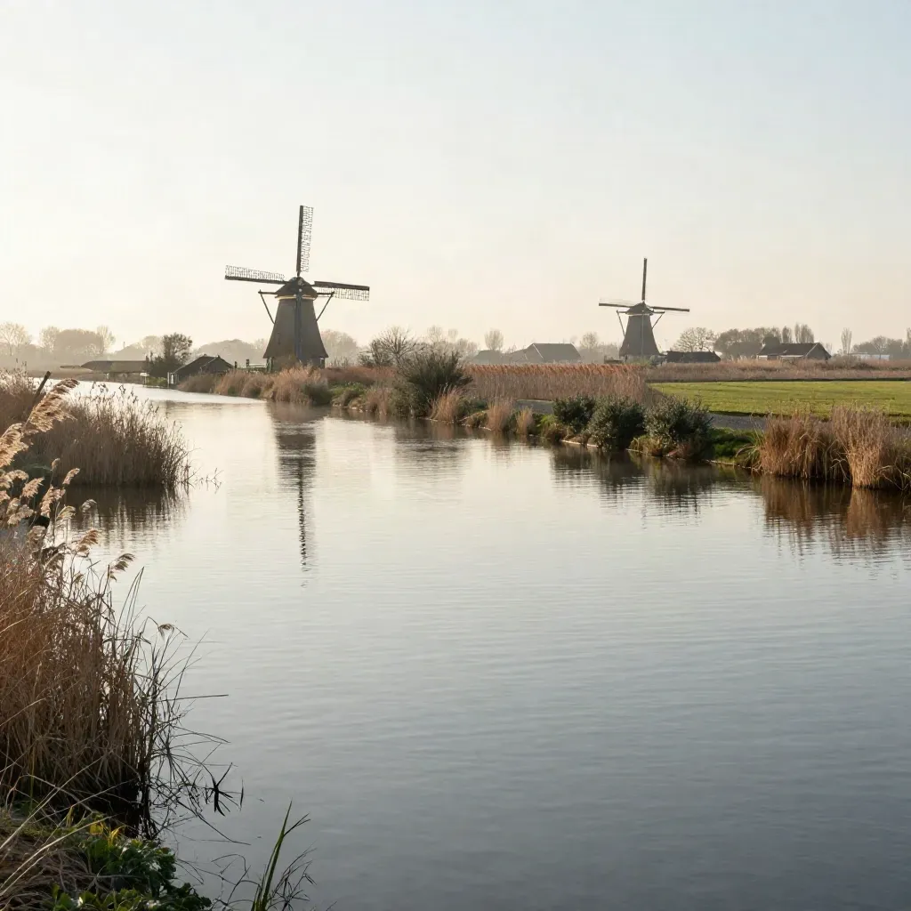 Polderwater met molens en boerderijdaken onder een zachte avondlucht.