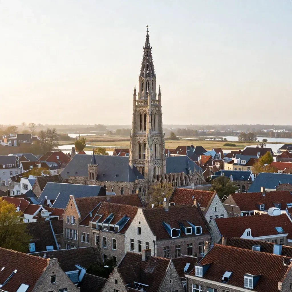 Domtoren boven Utrecht, uitlopend naar vlak Flevoland met riet en water in avondlicht