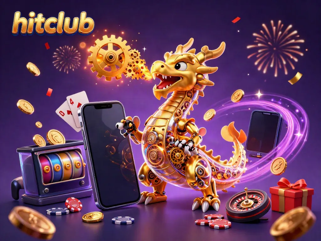 Engage with hitclub's exciting world of casino gaming through a vibrant 3D illustration showcasing thrilling elements.