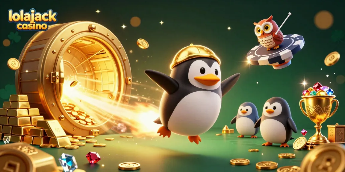 Experience thrilling gaming at lolajack casino with our rocket-powered penguin amidst golden treasures.