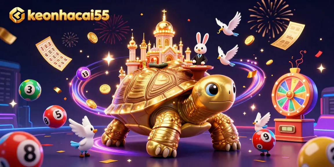 Experience excitement and dynamic fun with keonhacai55 in a vibrant, casino-themed illustration filled with games.