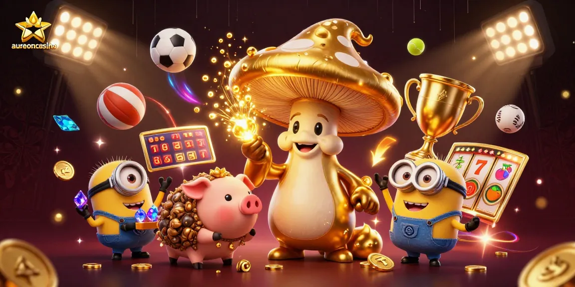 Aureoncasino features a magical scene with a wizard, treasure-seeking pig, and gemstone minions amidst vibrant casino elements.