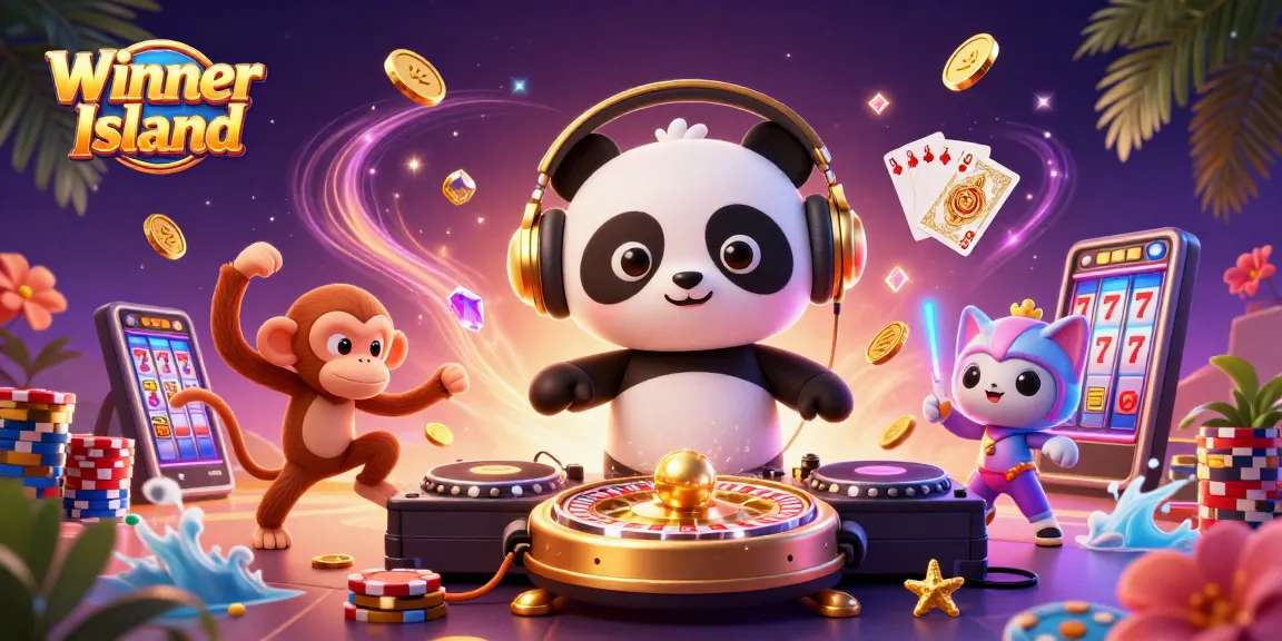 Winner Island showcases a lively casino atmosphere with a DJ panda, monkey, and kitten surrounded by gold coins and gaming elements.