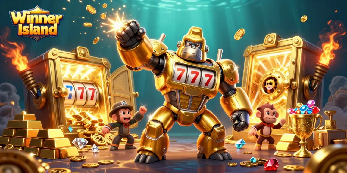 Experience the excitement at Winner Island as the golden gorilla mech champions jackpot glory surrounded by treasure