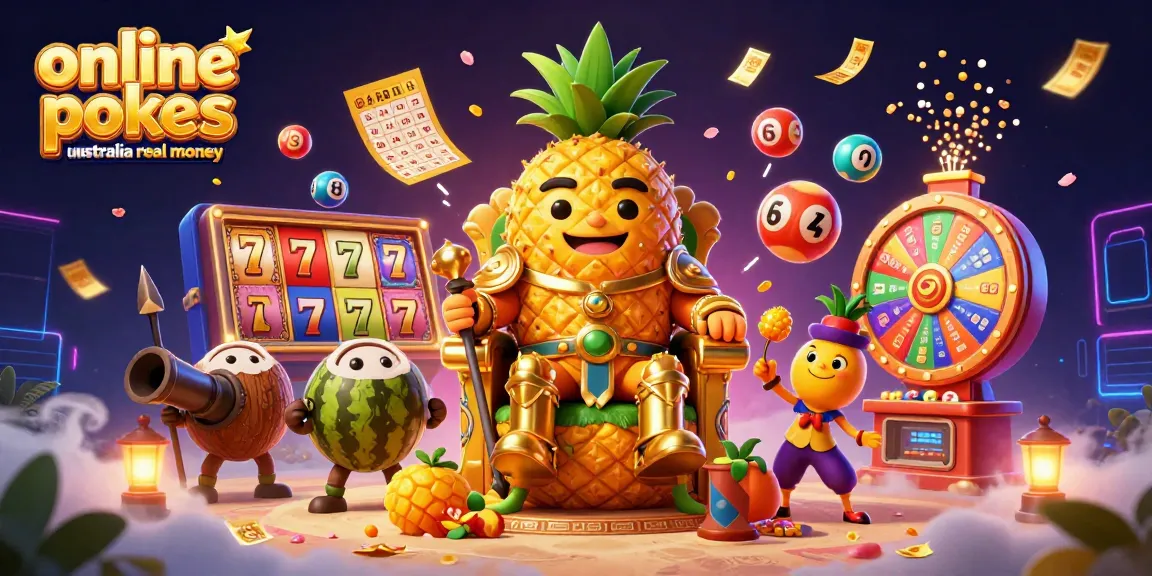 Experience online pokies Australia real money with dynamic slot reels and vibrant casino elements.